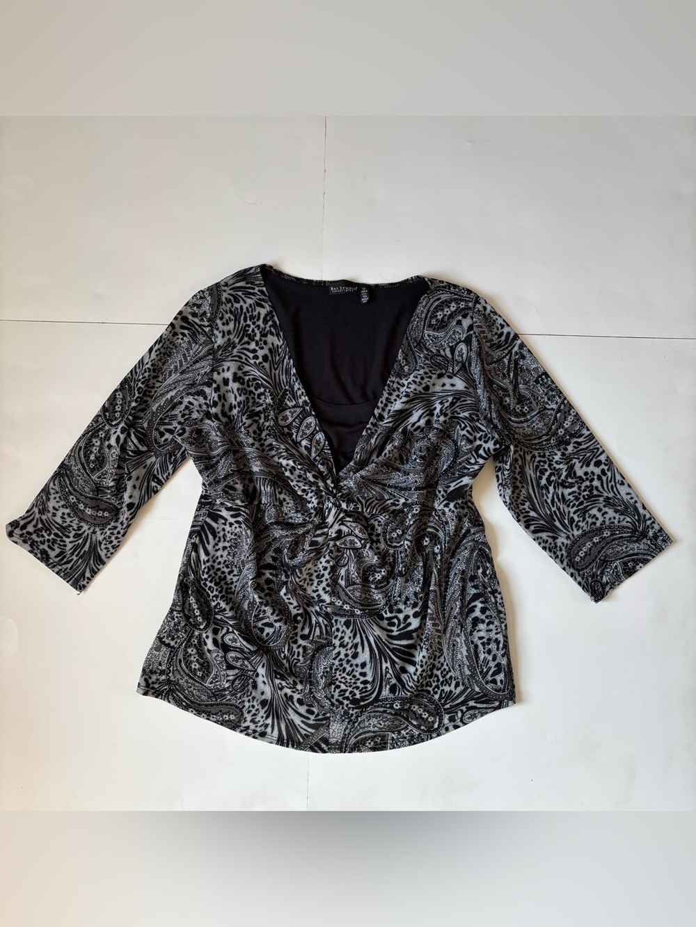 Bay Studio Black and Gray Paisley Twist-Front V-Neck Blouse